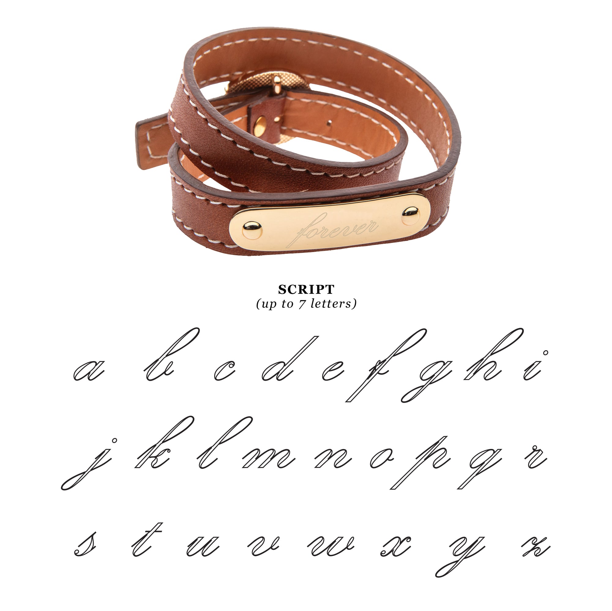 Brown leather double wrap bracelet with script font engraving option
