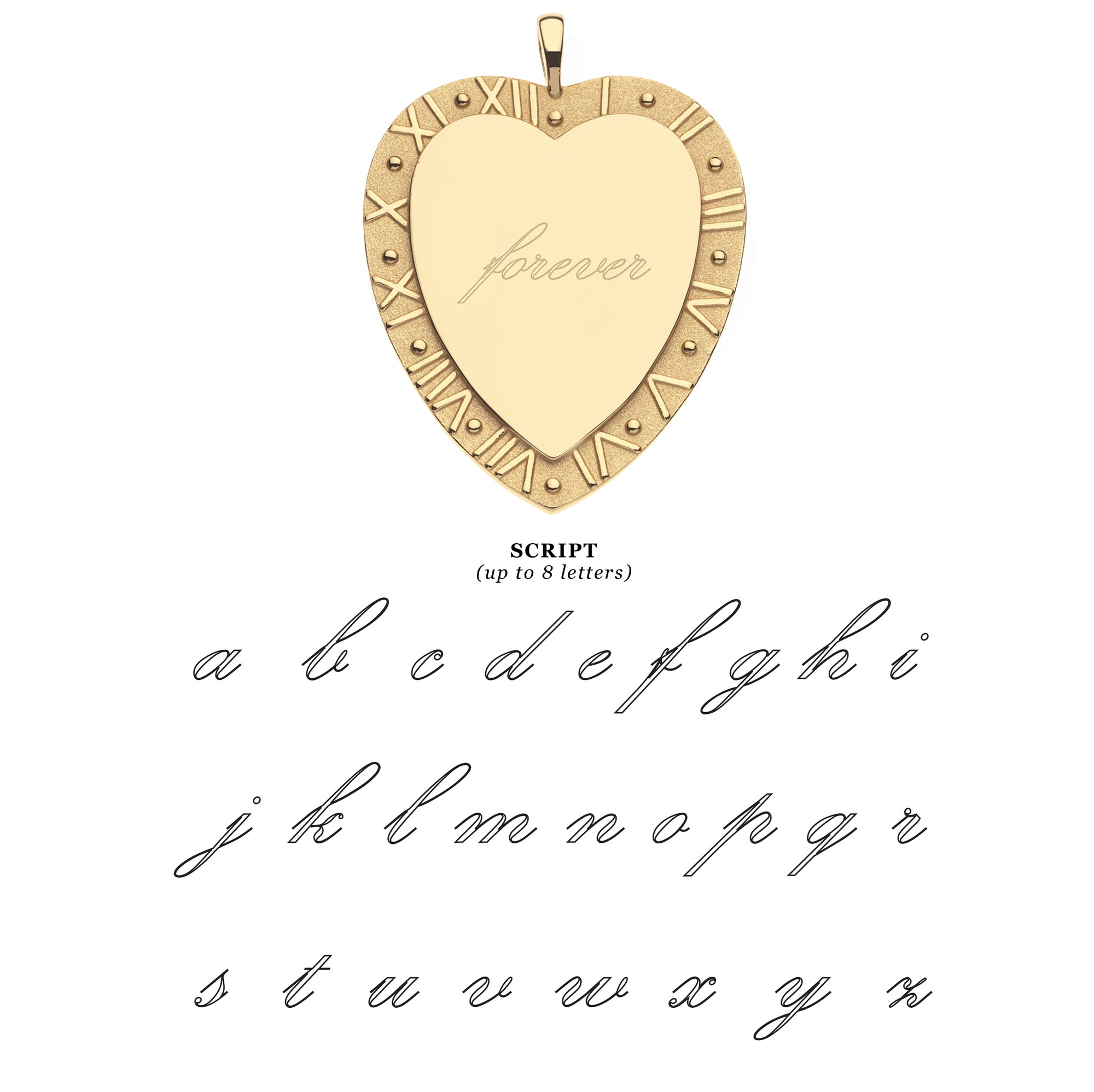 Shiny gold heart-shaped pendant with engraved letters and font selection.