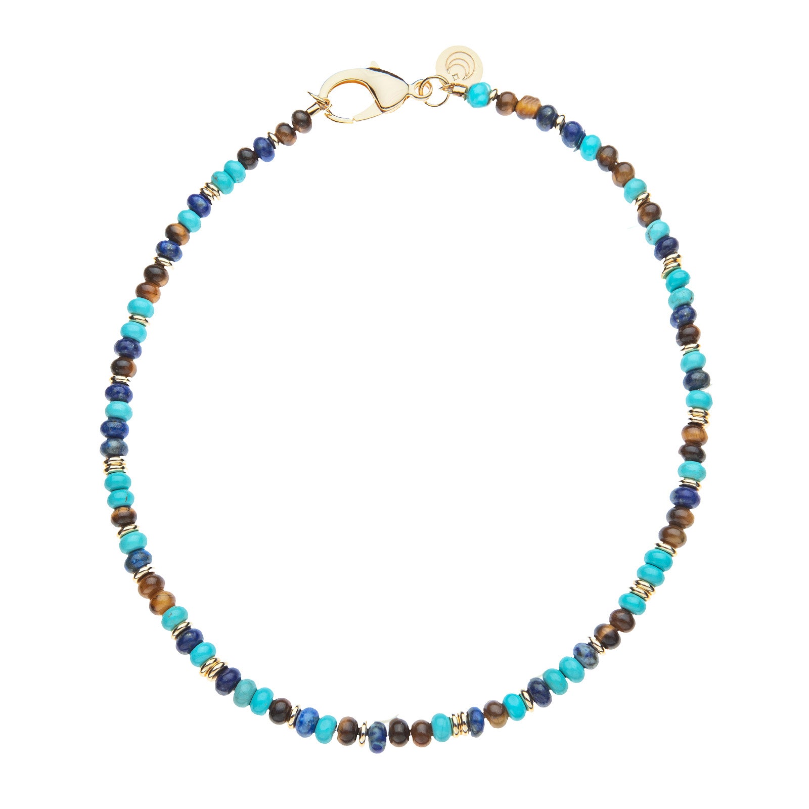 Beaded necklace with turquoise, lapis, and tigers eye beads and flat gold beads interspersed. Features oversized gold lobster clasp.