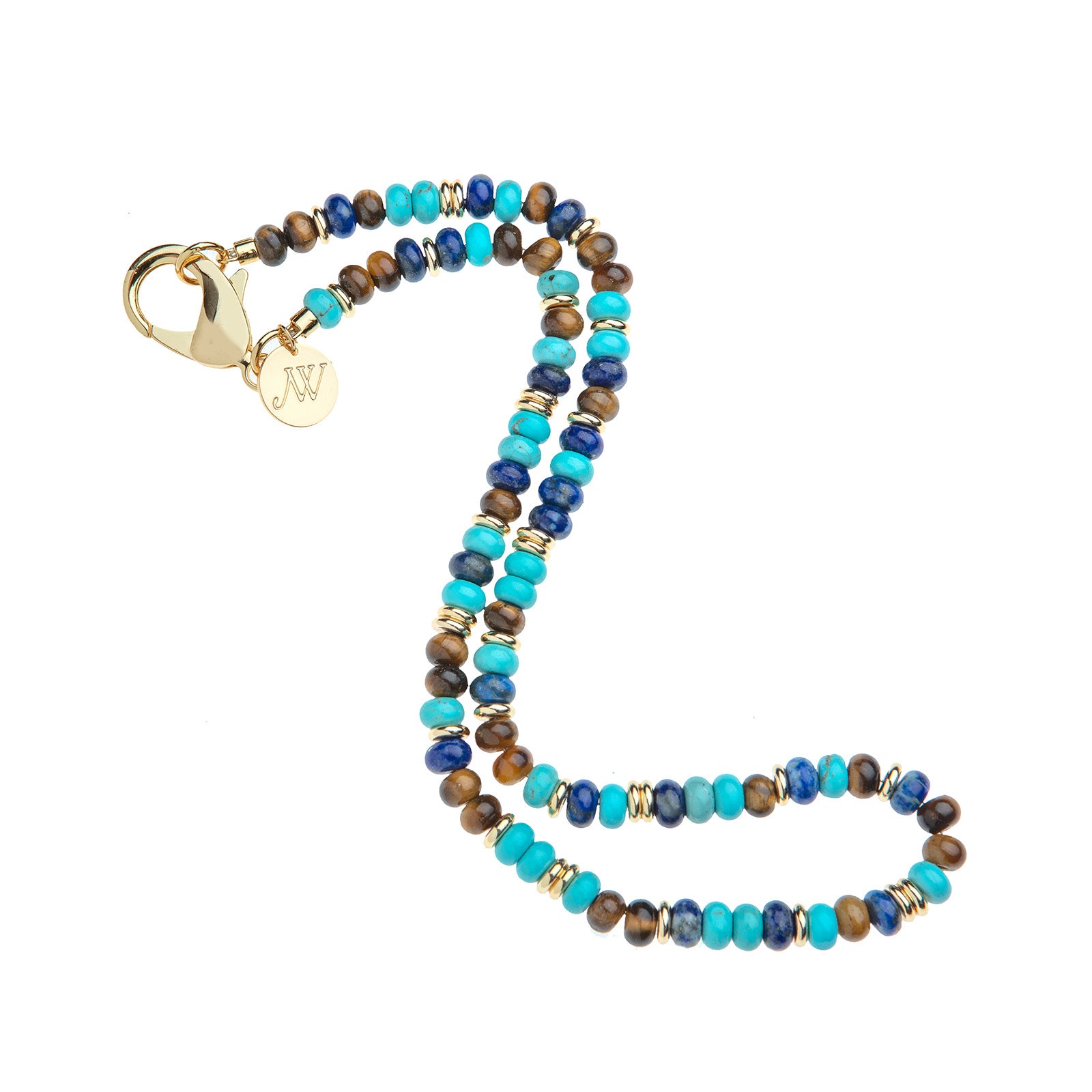 Beaded necklace with turquoise, lapis, and tigers eye beads and flat gold beads interspersed. Features oversized gold lobster clasp.