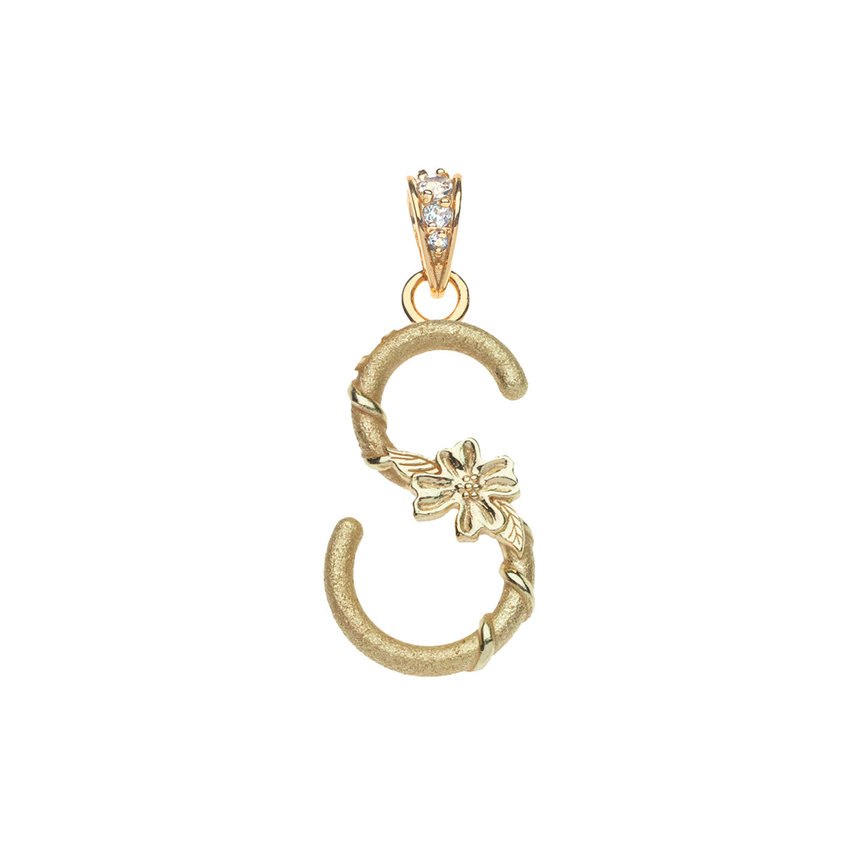 Gold letter S pendant with flower detail and white topaz accents on the bail