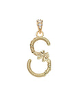 Gold letter S pendant with flower detail and white topaz accents on the bail