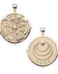 Gold Coin Pendant with four floral designs in each quadrant (front) and moon and star logo and word HOPE underneath (back)