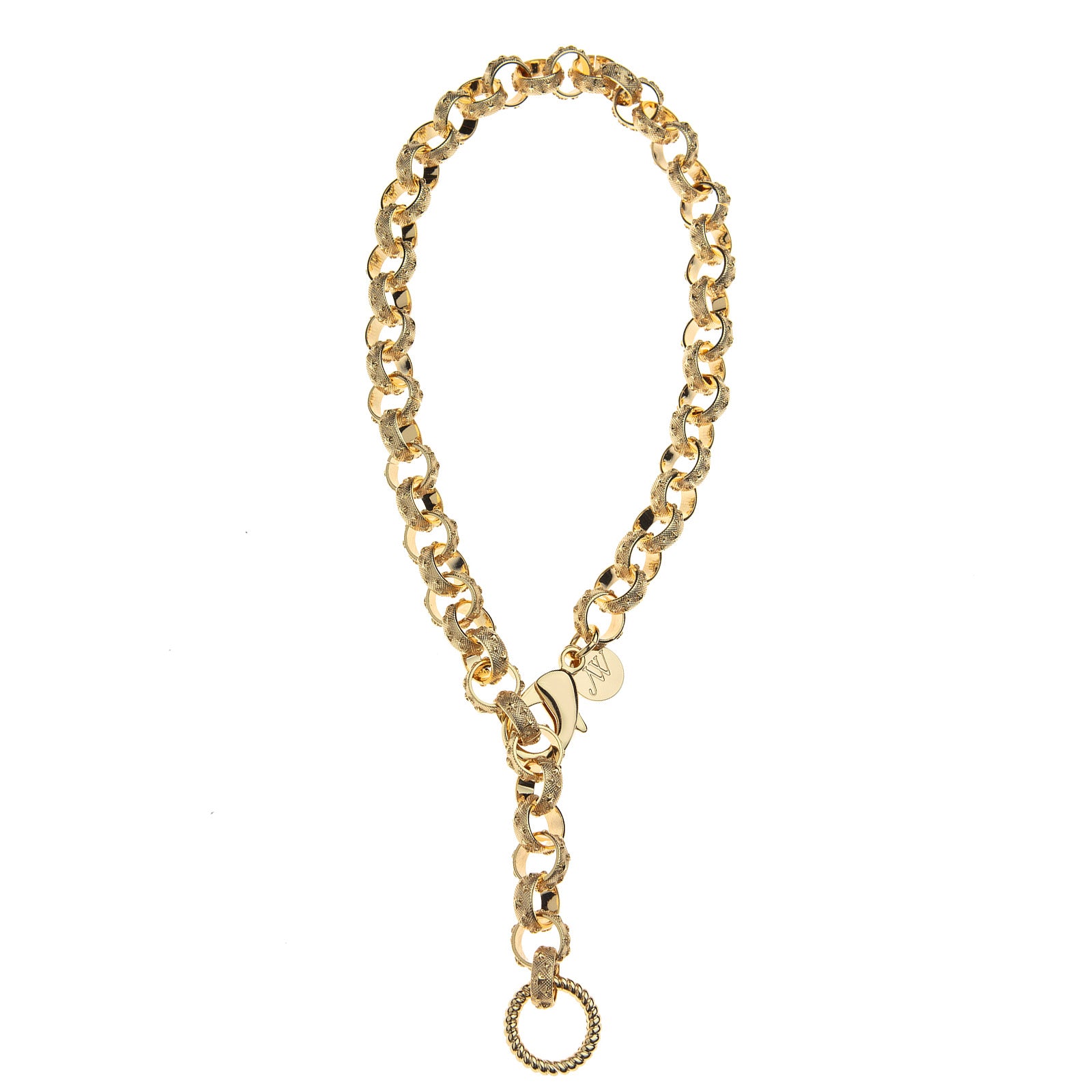 Gold chunky lariat necklace features oversized lobster clasp, ring to attach pendants, and star details on each link of the chain
