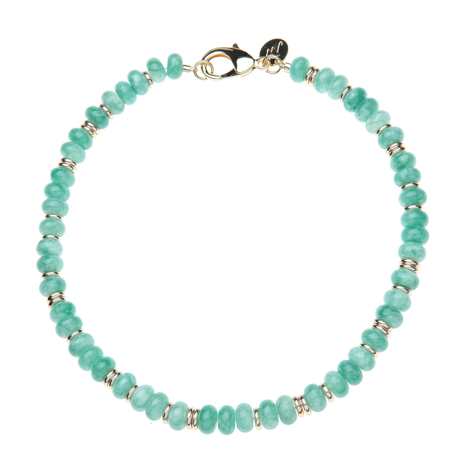 Chunky amazonite beaded necklace with flat gold beads interspersed and oversized gold lobster clasp