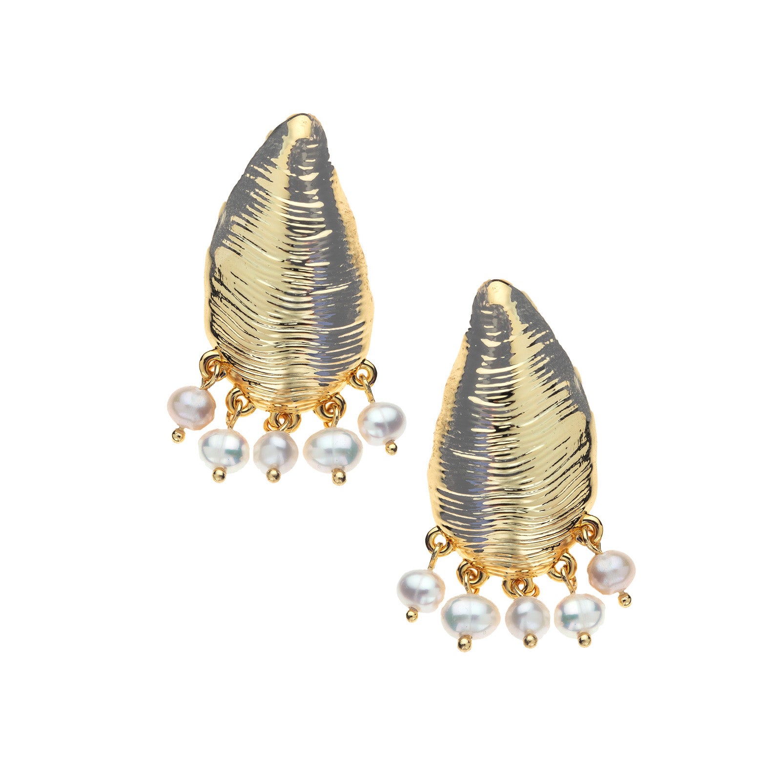 Gold oyster shell earrings with pearl beads dangling off the bottom