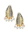 Gold oyster shell earrings with pearl beads dangling off the bottom
