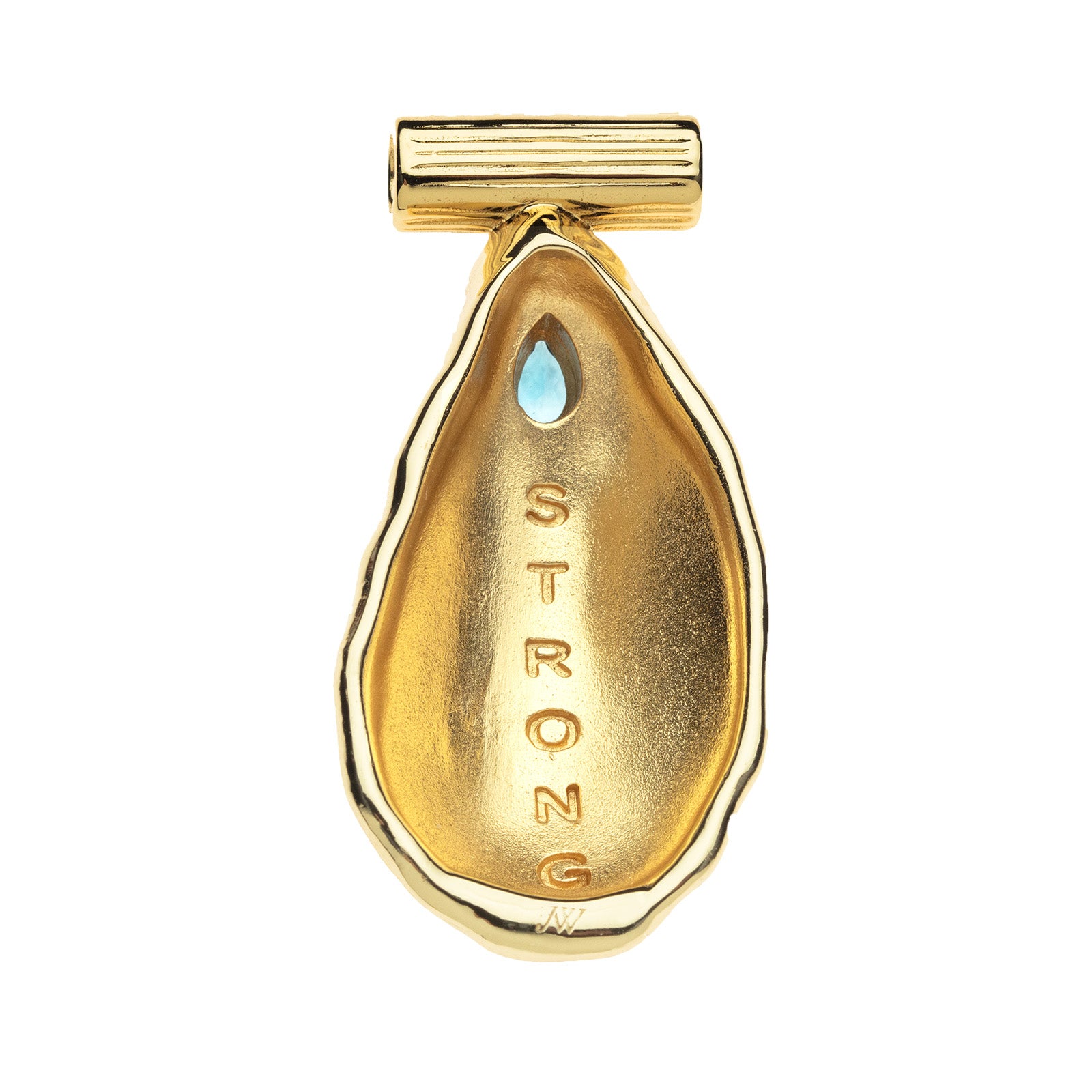 Back of the strong along the shore oyster pendant features the word STRONG