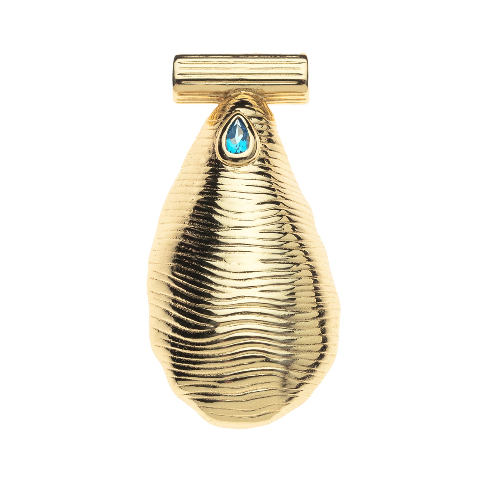 Gold oyster shell pendant featuring a London blue topaz water droplet at the top