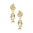 Gold earrings feature spiral shell stud and fish drop that has blue topaz eye and mother of pearl heart inlay on the body