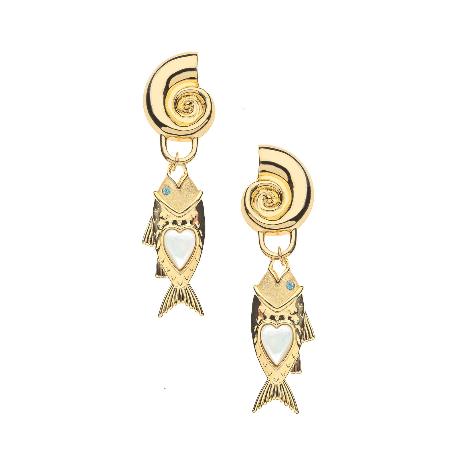 Gold earrings feature spiral shell stud and fish drop that has blue topaz eye and mother of pearl heart inlay on the body