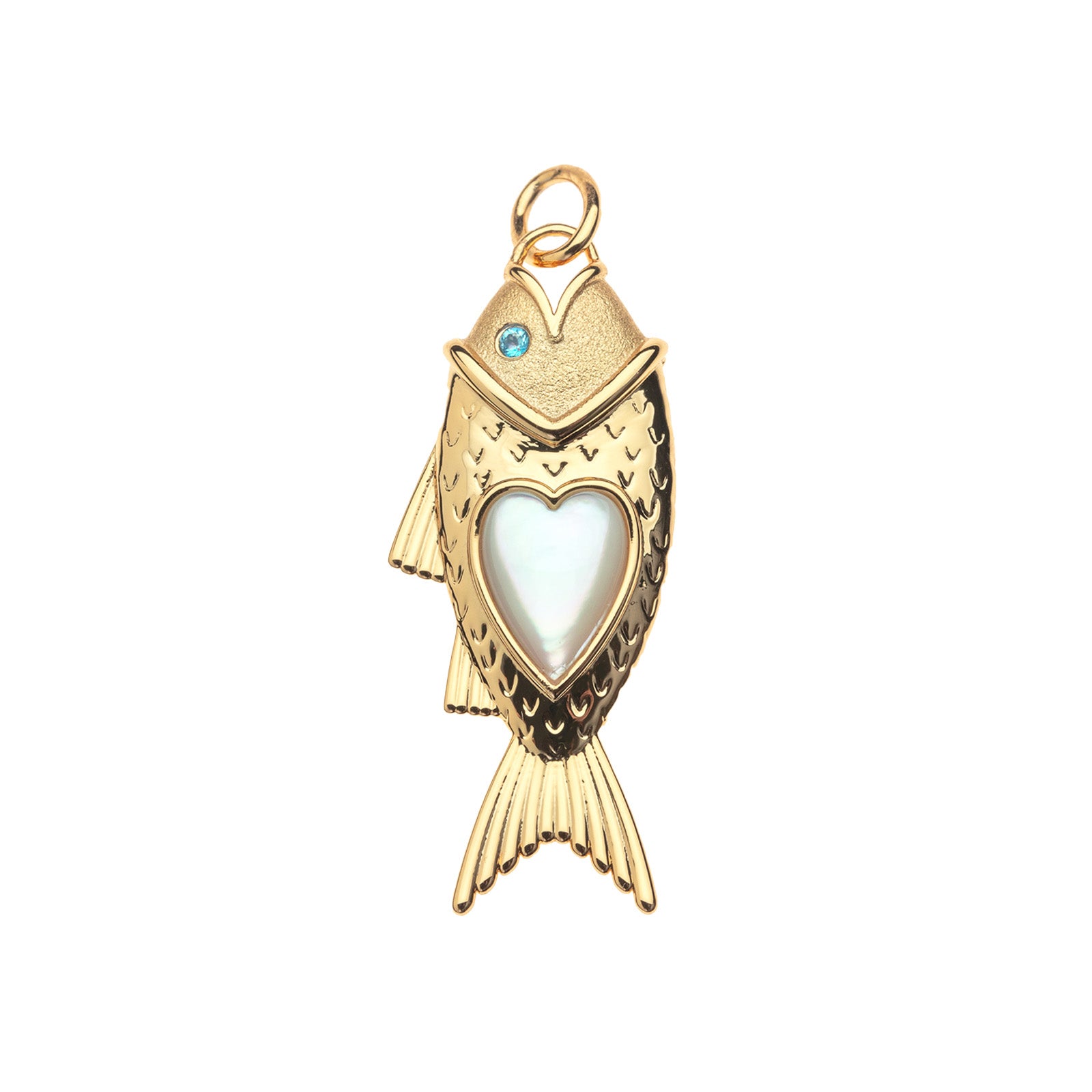Gold fish pendant features blue topaz eye and mother of pearl heart inlay on the body