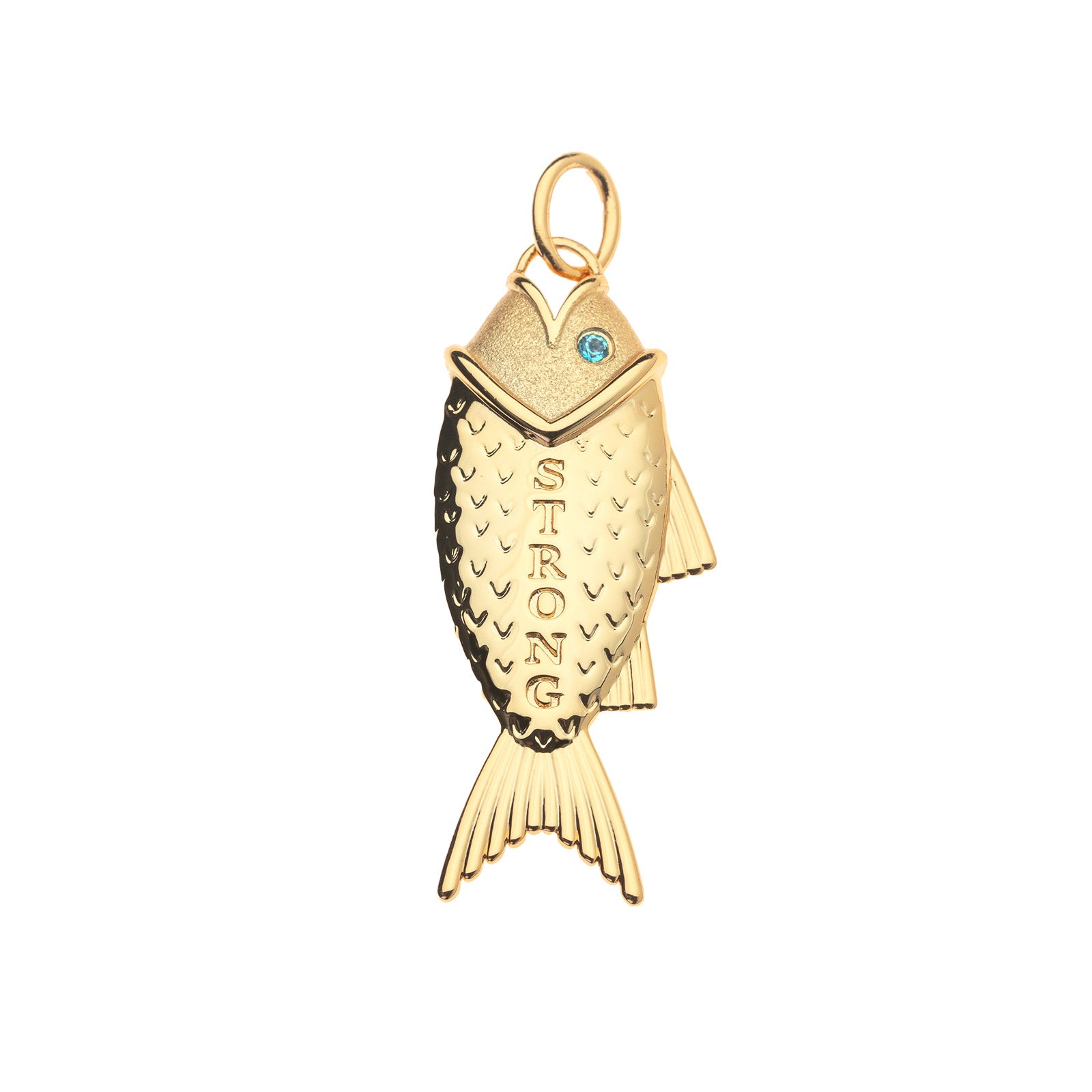 Back of strong amore fish pendant features the word STRONG