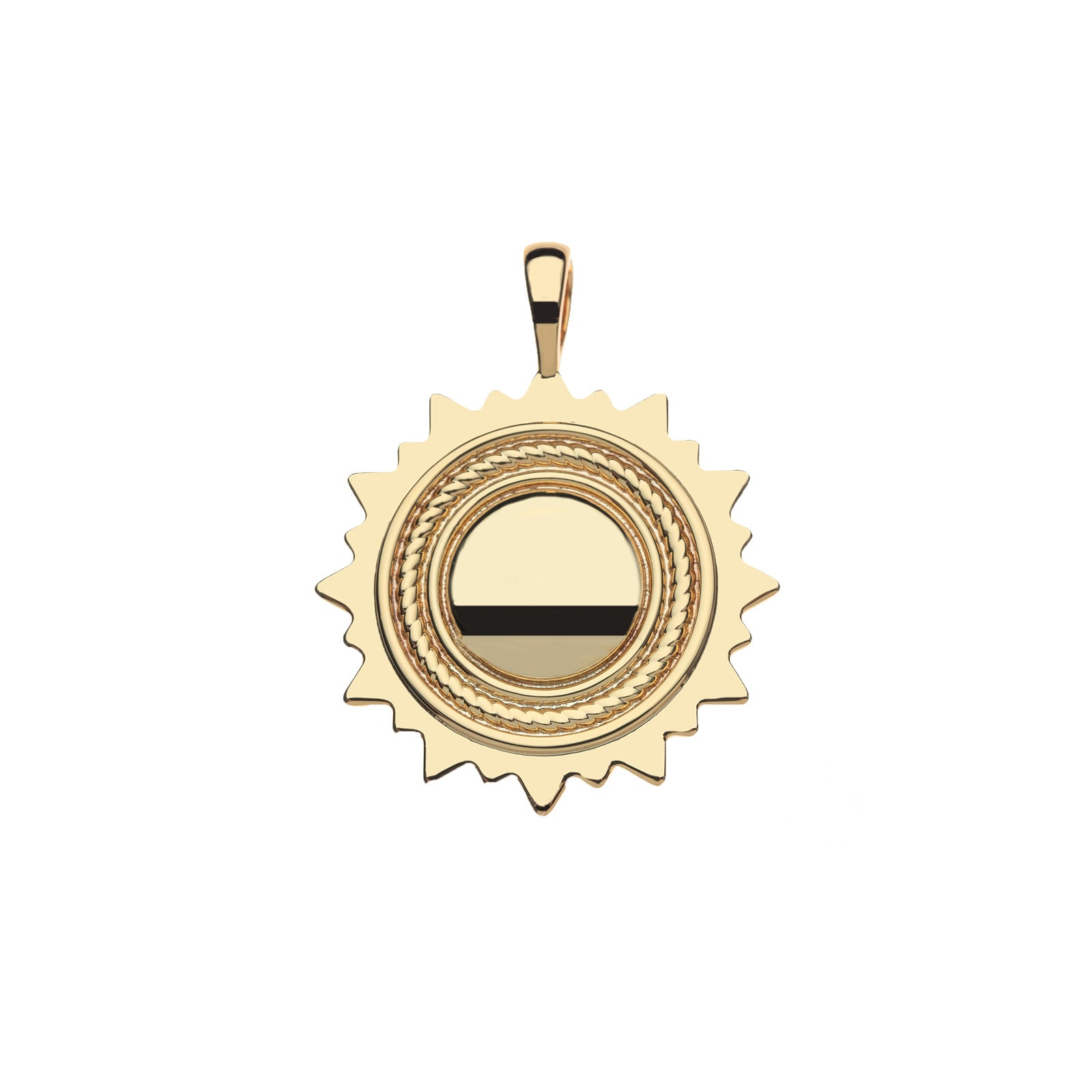Gold sun pendant featuring shiny domed center and textured border