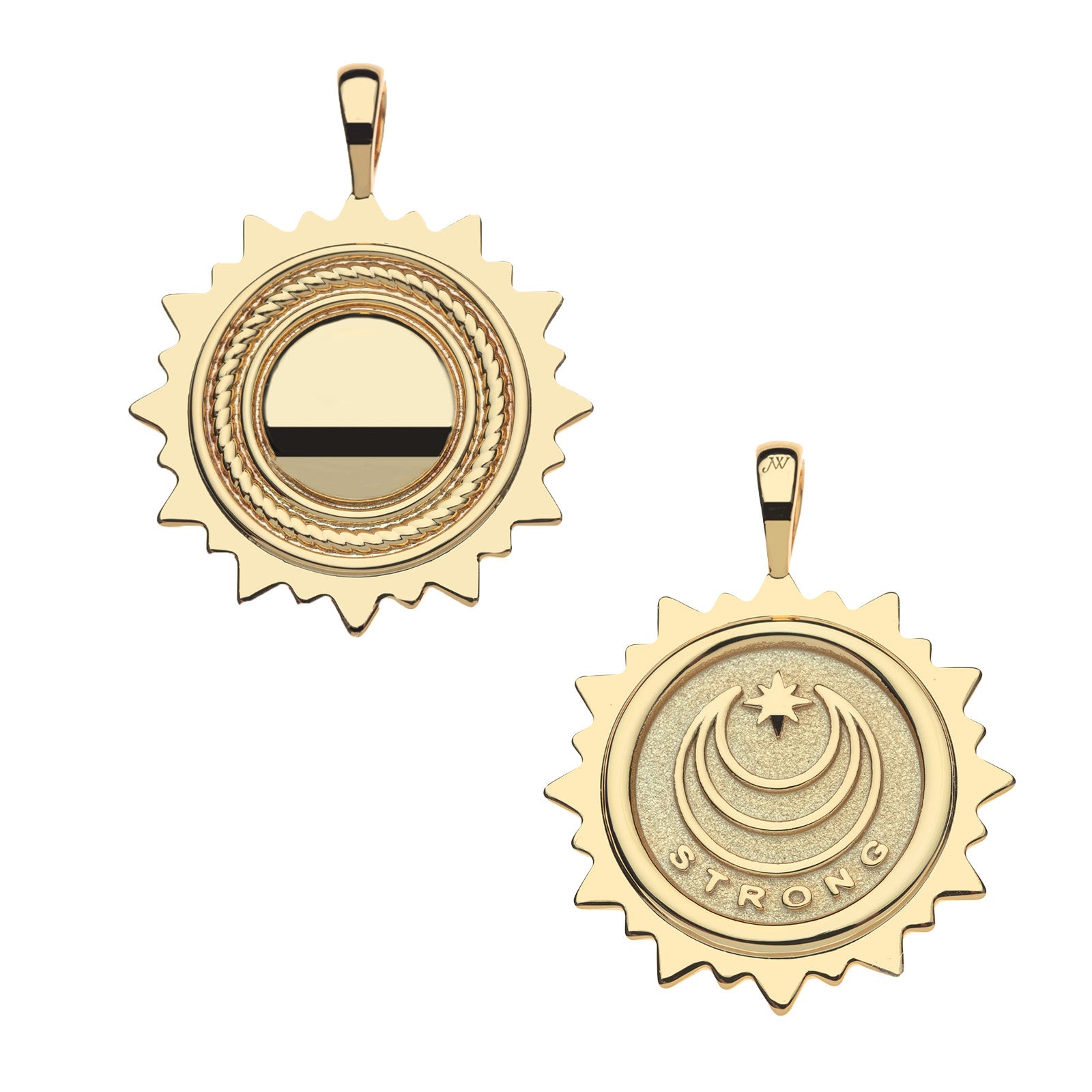 Front and back of strong apollo pendant. Back of pendant features moon star logo and the word STRONG