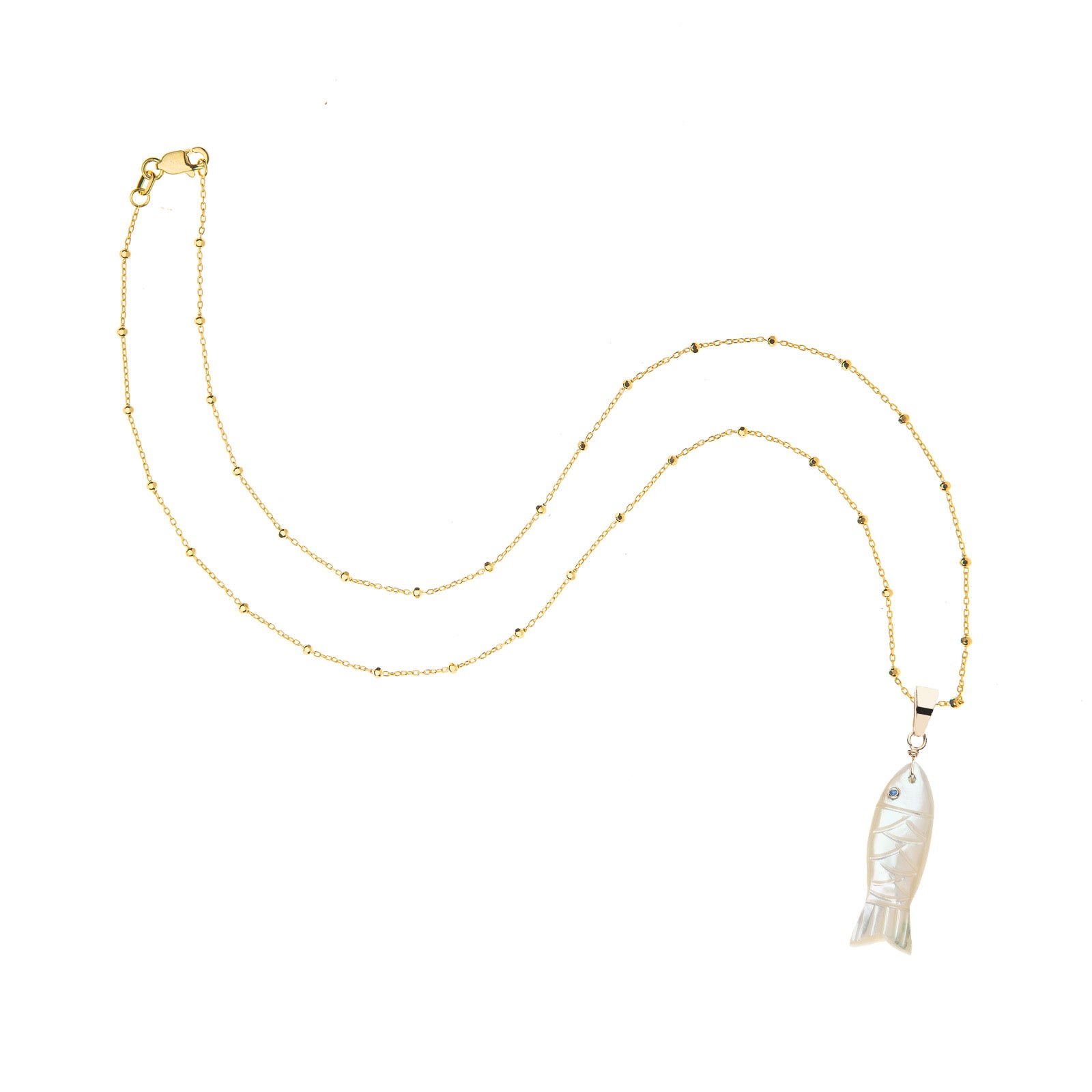 Carved fish pendant on 14 karat beaded satellite chain