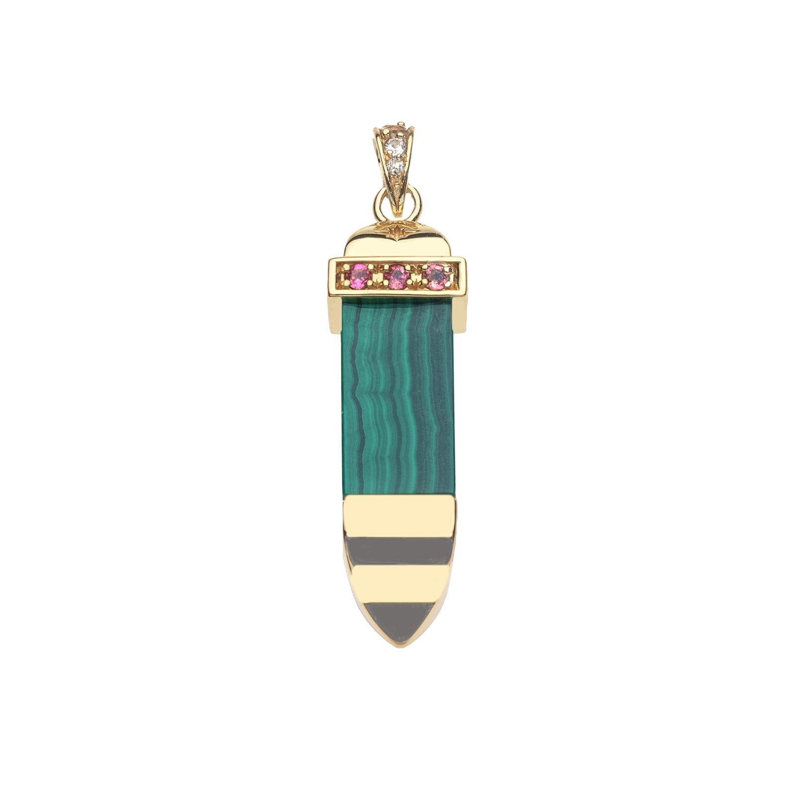 Sun ray pendant made of carved malachite slab with pointed gold tip and gold cap and bail with pink tourmaline details
