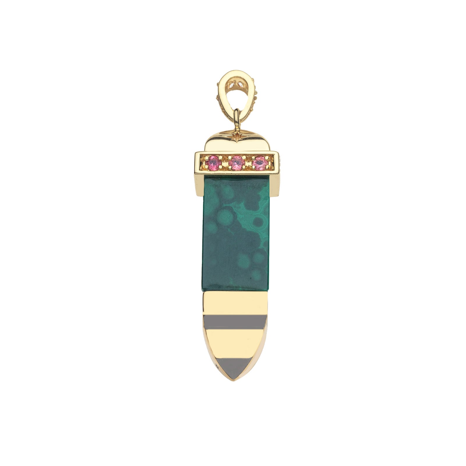 Sun ray pendant made of carved malachite slab with pointed gold tip and gold cap and bail with pink tourmaline details