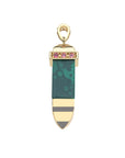 Sun ray pendant made of carved malachite slab with pointed gold tip and gold cap and bail with pink tourmaline details