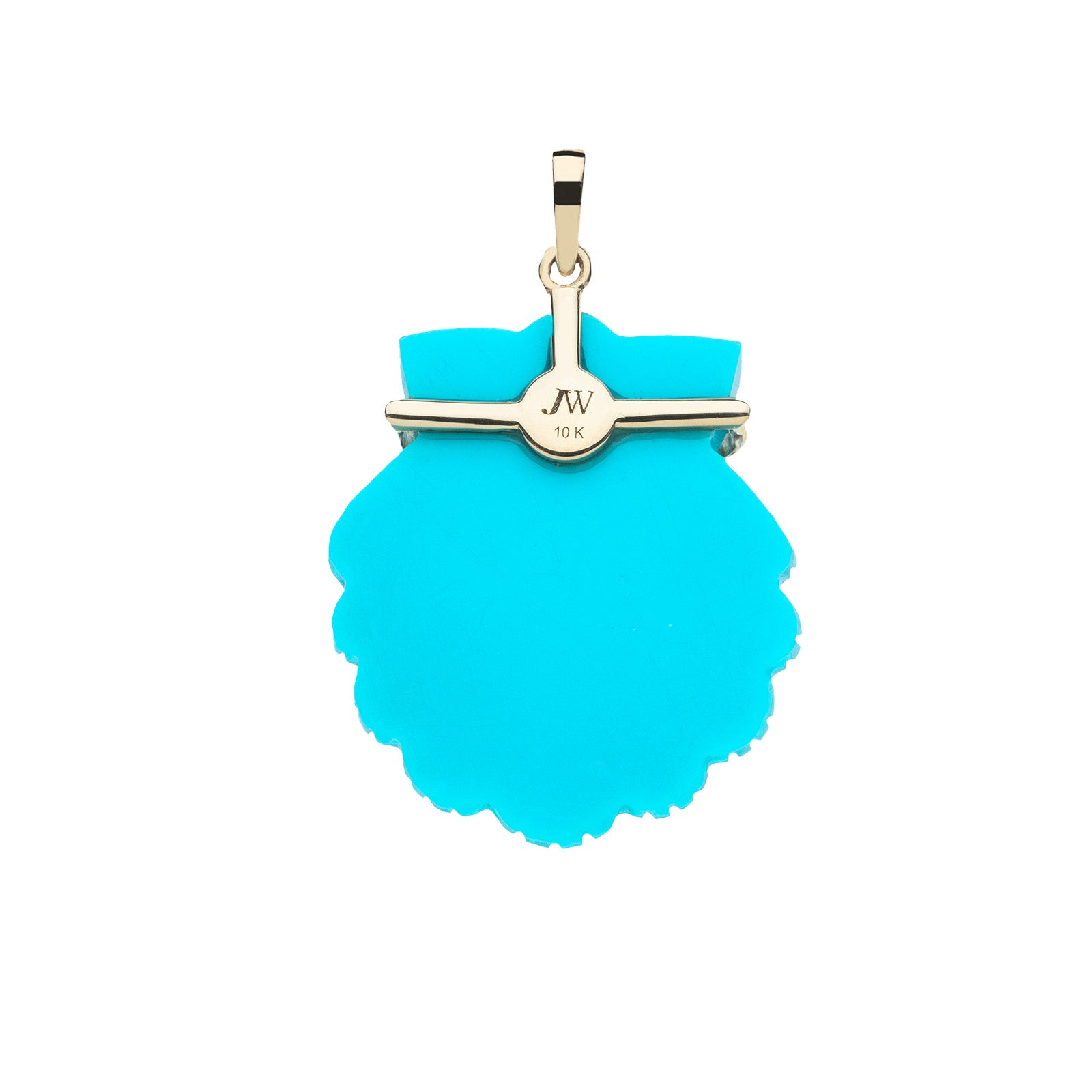 Back of carved turquoise shell shows 10k gold setting