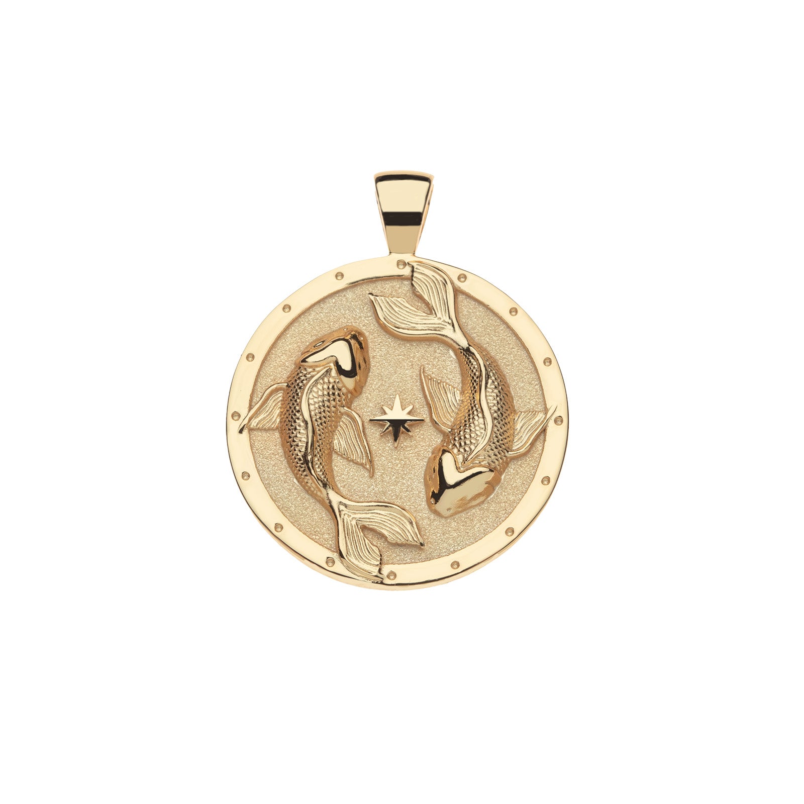 Gold coin pendant featuring two koi fish circling a star in the center