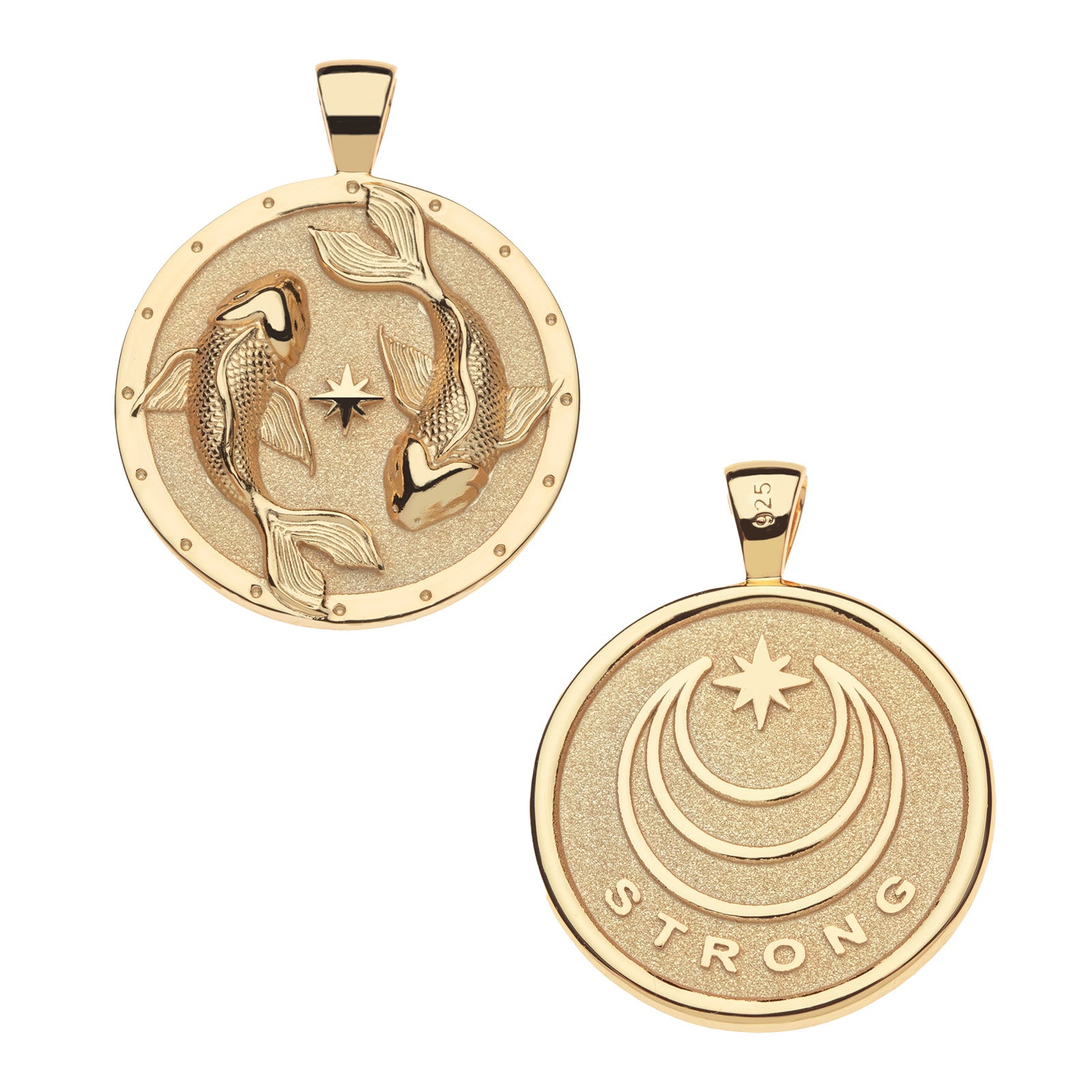 Front and back of strong circling koi fish coin pendant. Back features Jane Win moon and star logo with the word STRONG.