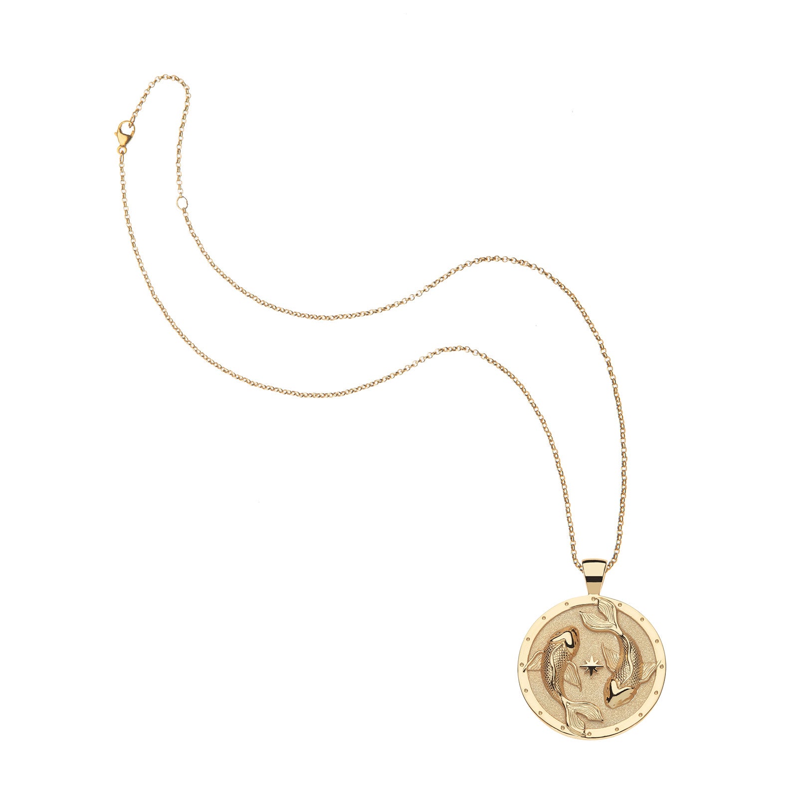 Strong circling koi fish coin pendant on the classic rolo chain