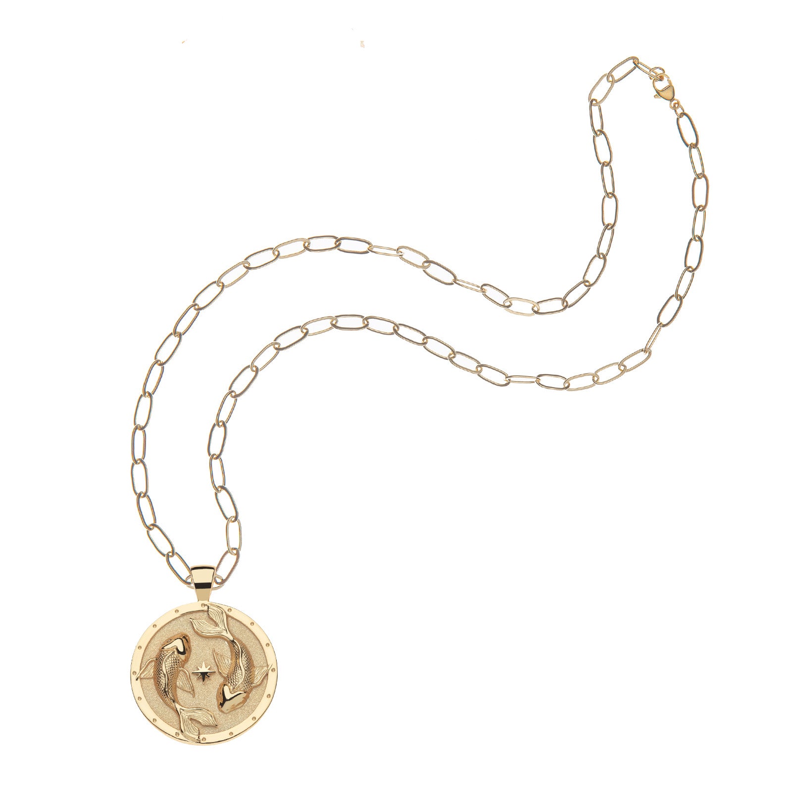 Strong circling koi fish coin pendant on the drawn link chain