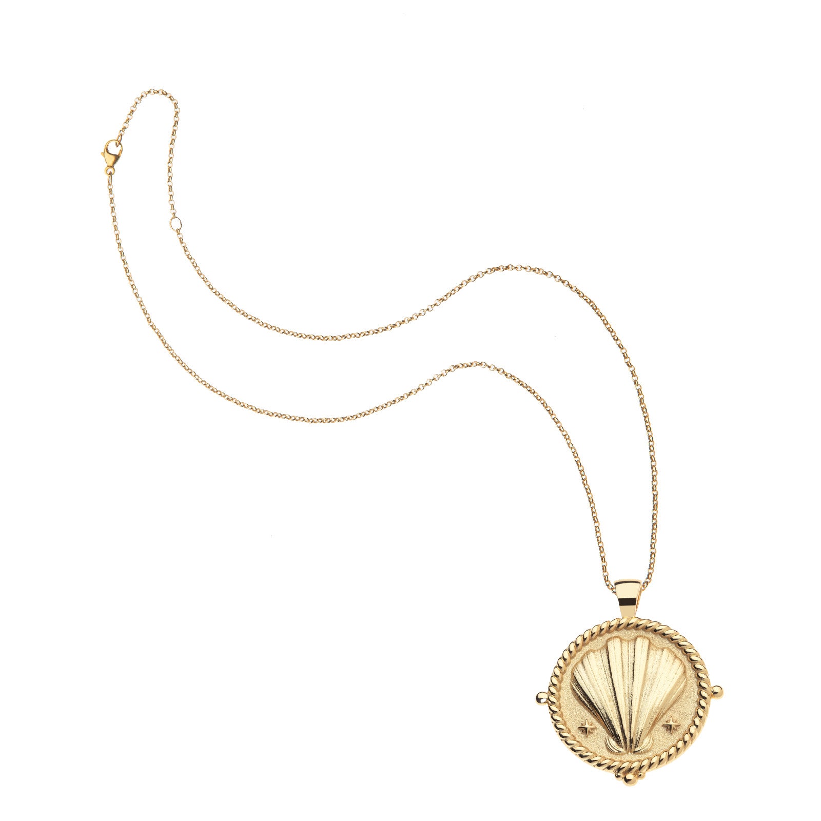 Gold clamshell coin on classic rolo chain