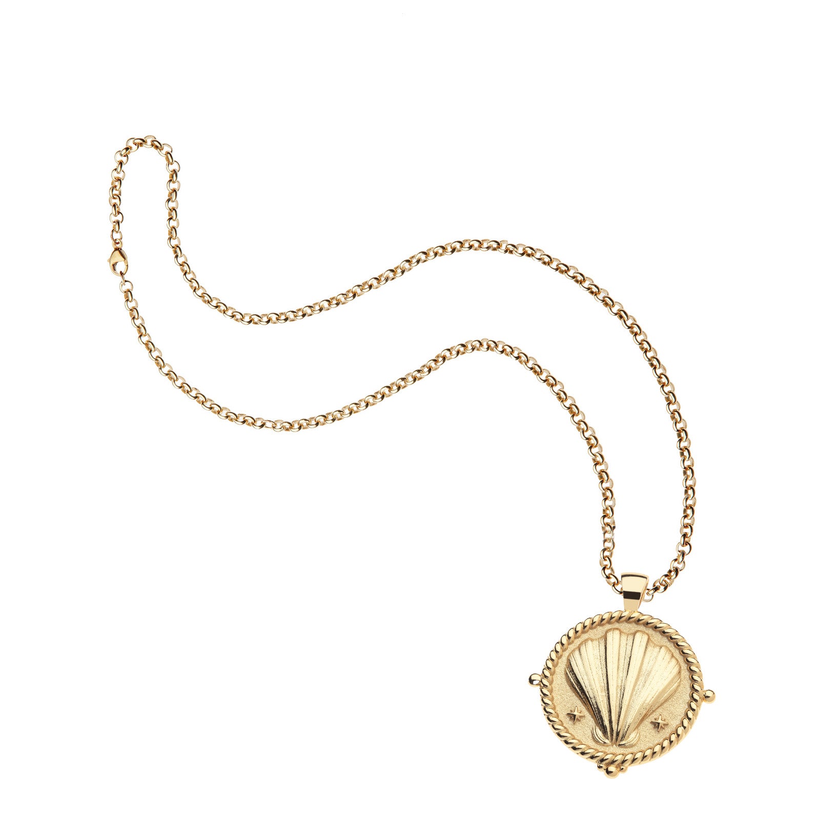 Gold clamshell coin on grande rolo chain