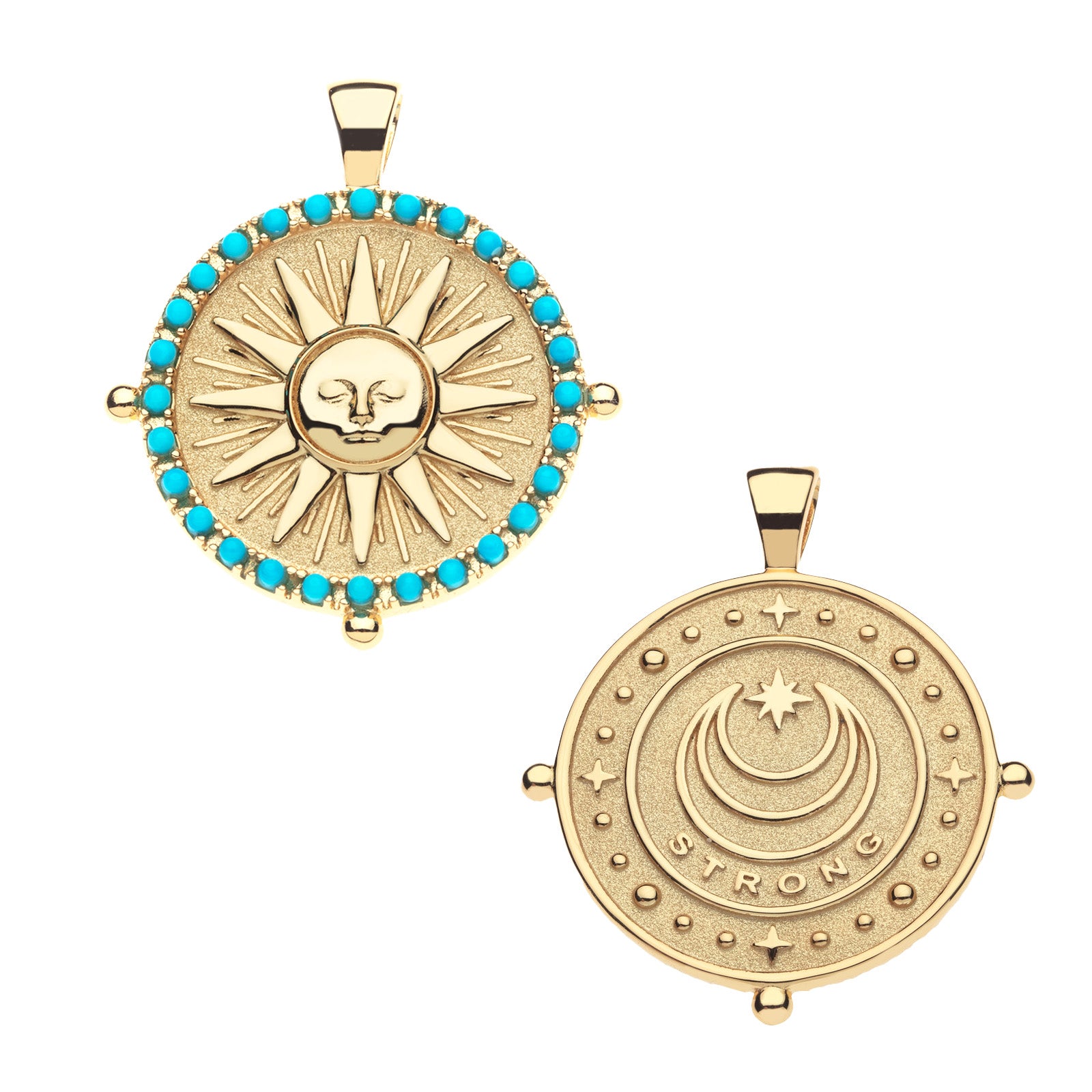 Front and back of the strong daybreak pendant . Back of the pendant features moon and star logo and the word STRONG