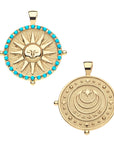Front and back of the strong daybreak pendant . Back of the pendant features moon and star logo and the word STRONG