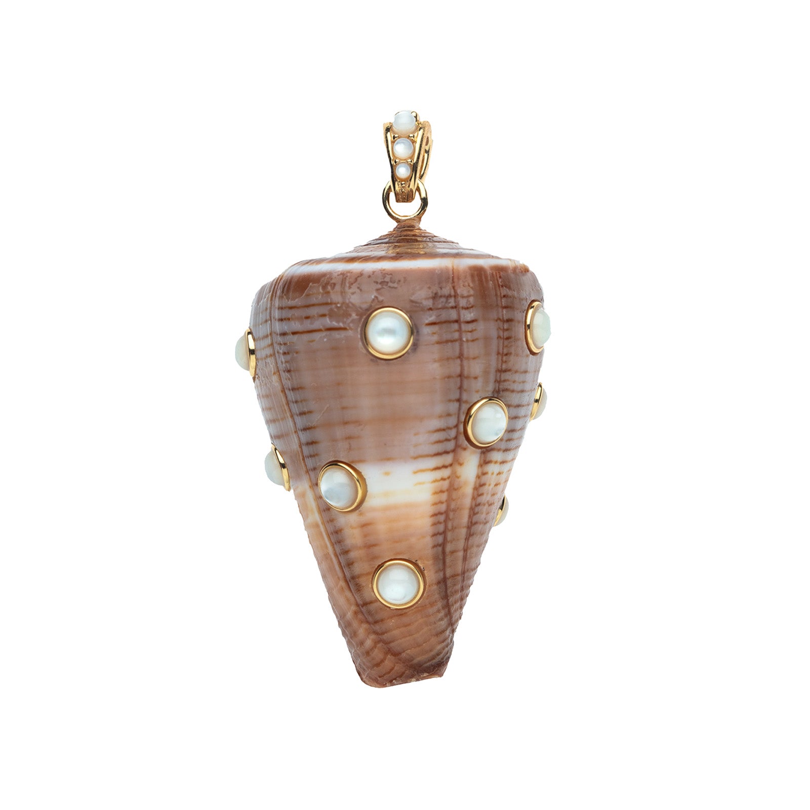 Brown cone shell pendant with mother of pearl cabochons in gold setting