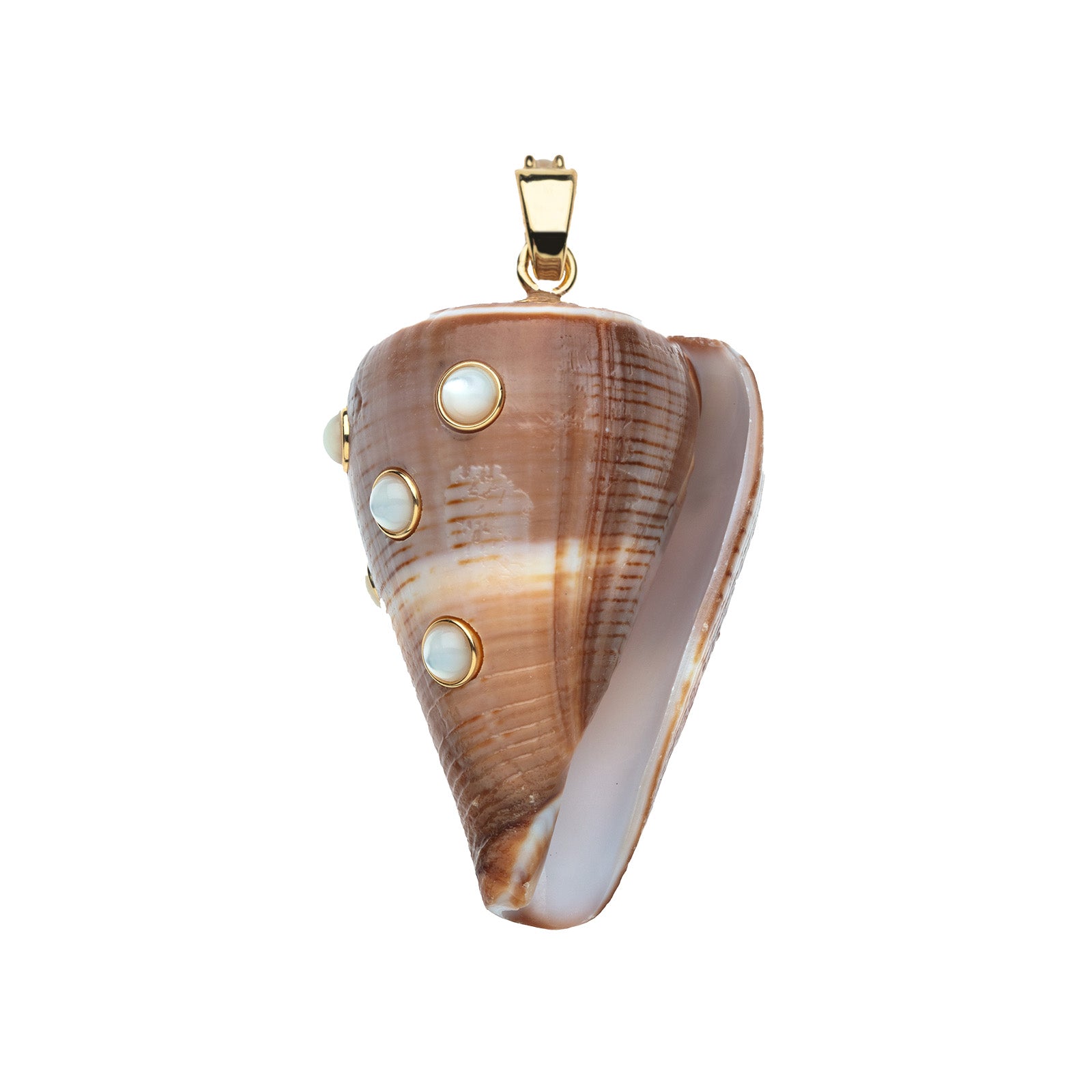 Brown cone shell pendant featuring mother of pearl cabochons in gold setting