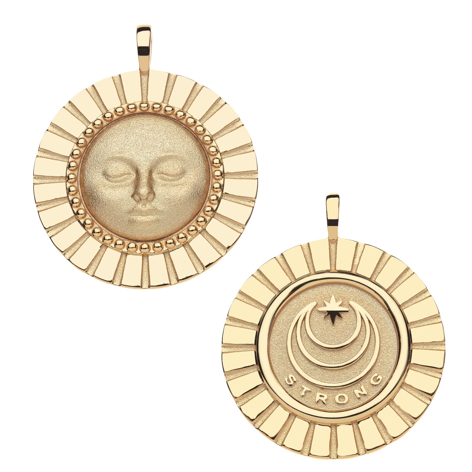 Front and back of strong enduring sun coin. Back shows moon and star logo and the word STRONG