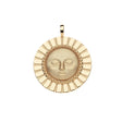 Gold coin pendant features sun face with textured border resembling sun rays
