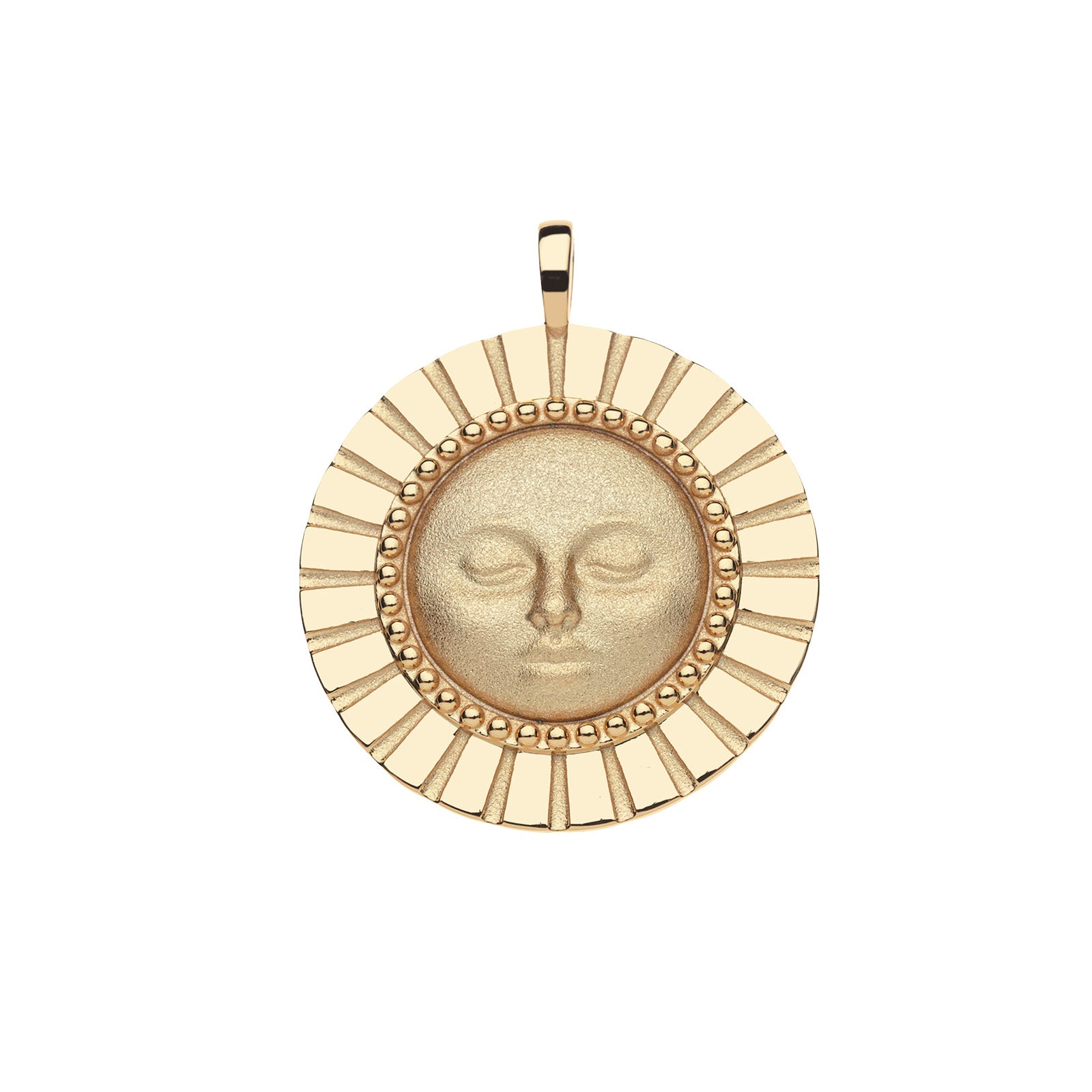 Gold coin pendant features sun face with textured border resembling sun rays
