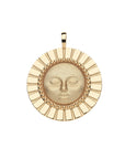 Gold coin pendant features sun face with textured border resembling sun rays