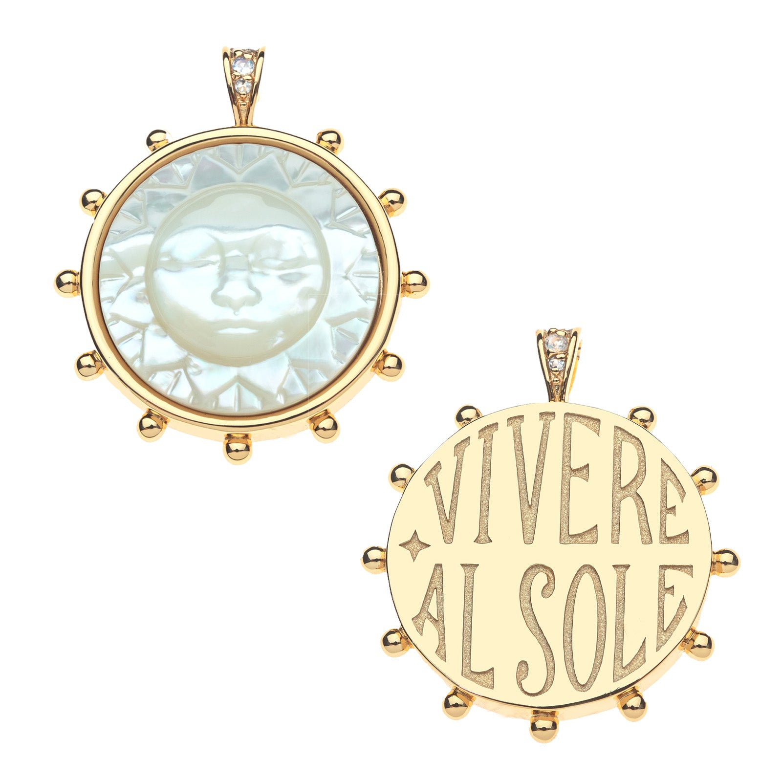 Front and back of the strong ever shining sun. Back of pendant features the words "VIVERE AL SOLE" meaning live in the sun!