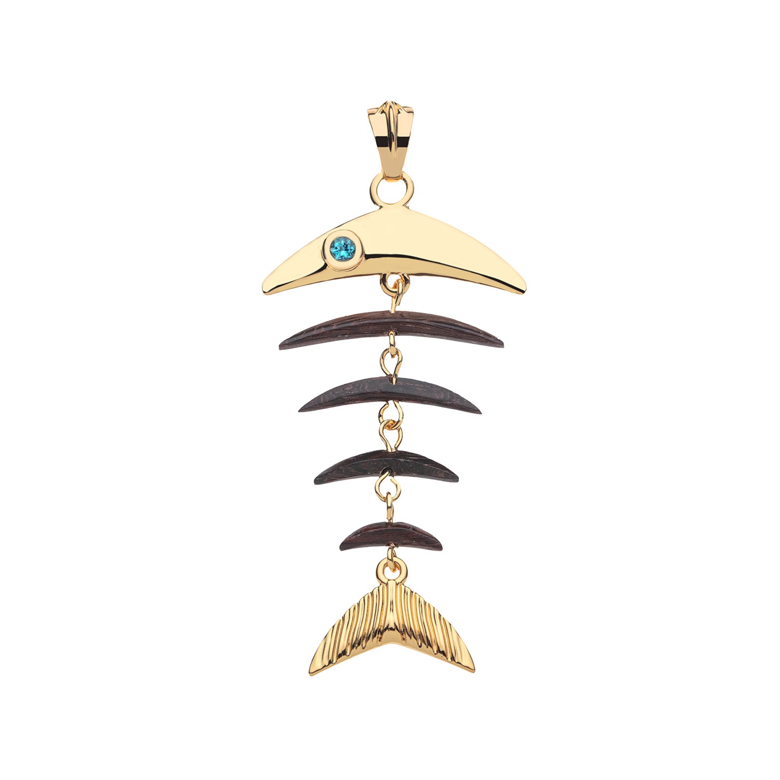 Fish skeleton pendant features gold head and tail with wood bones and blue topaz eye