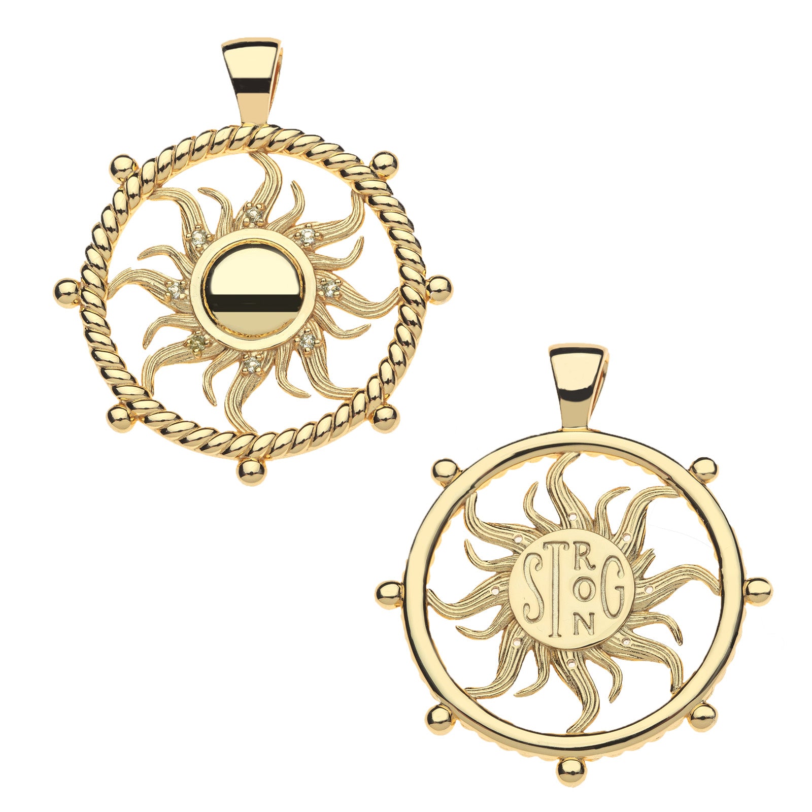 Front and back of strong flaring sun cutout coin. Back features the word STRONG.