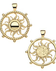 Front and back of strong flaring sun cutout coin. Back features the word STRONG.