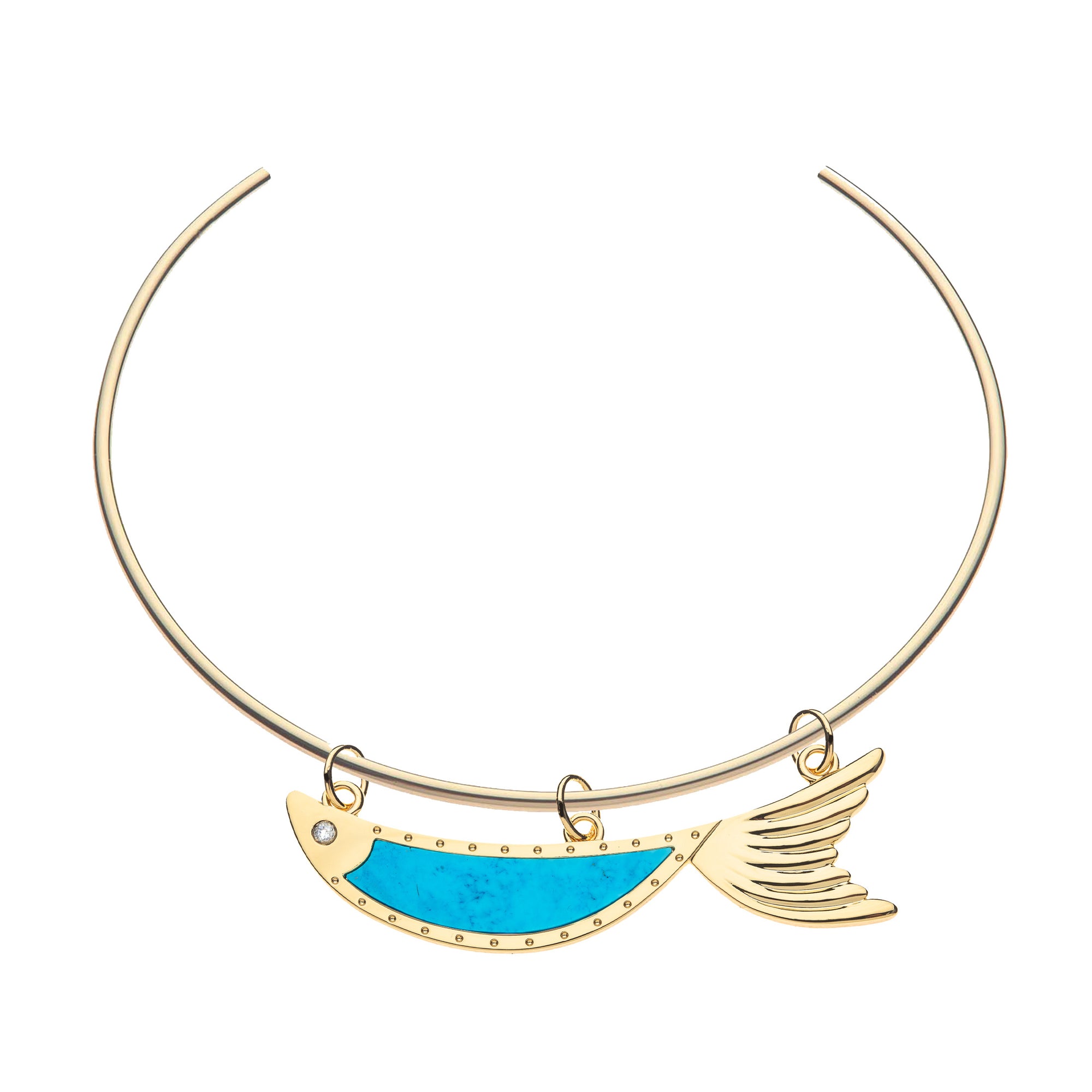 Gold fish pendant features turquoise inlay and three bails along the body to attach to the neck cuff
