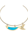 Gold fish pendant features turquoise inlay and three bails along the body to attach to the neck cuff