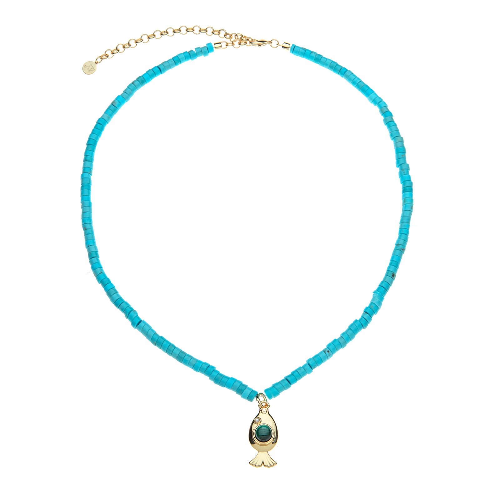 Turquoise beaded necklace with gold fish pendant featuring malachite cabochon detail