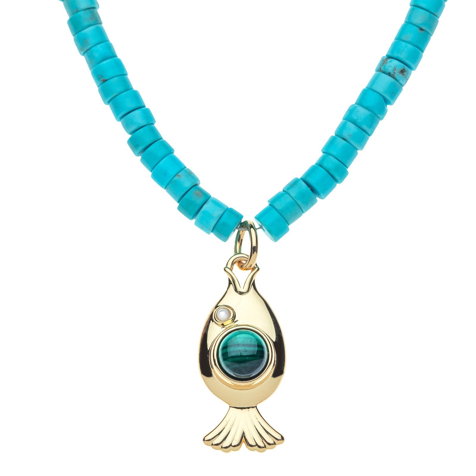 Close up of the fish pendant with malachite detail