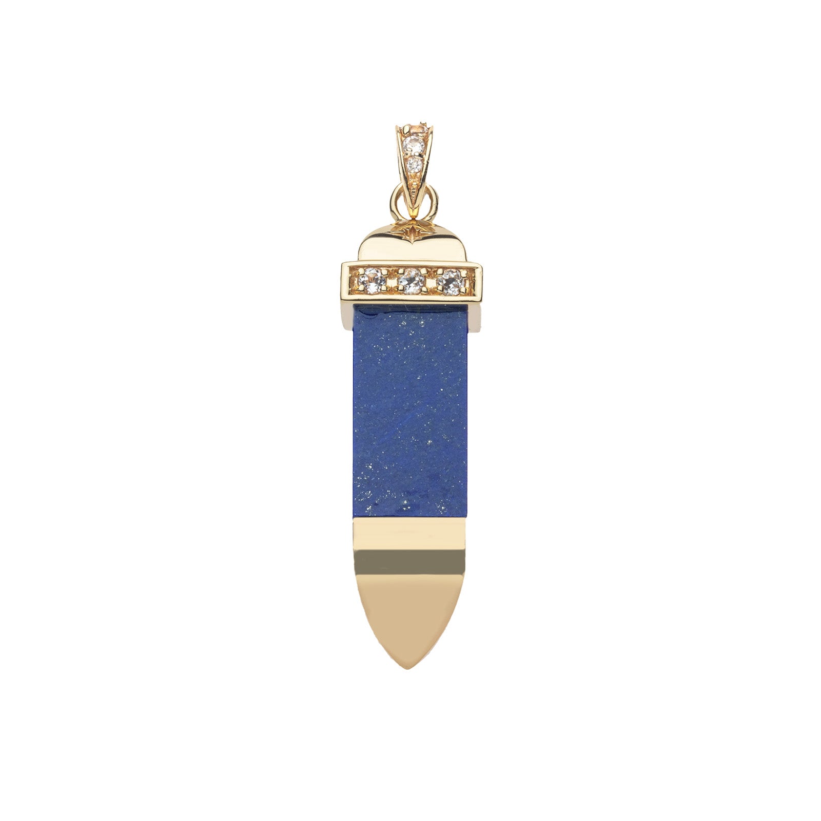 Lapis sun ray pendant features a gold cap and base with white topaz embellishments on the cap and bail