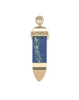 Lapis sun ray pendant features a gold cap and base with white topaz embellishments on the cap and bail (side view)