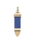 Lapis sun ray pendant features a gold cap and base with white topaz embellishments on the cap and bail