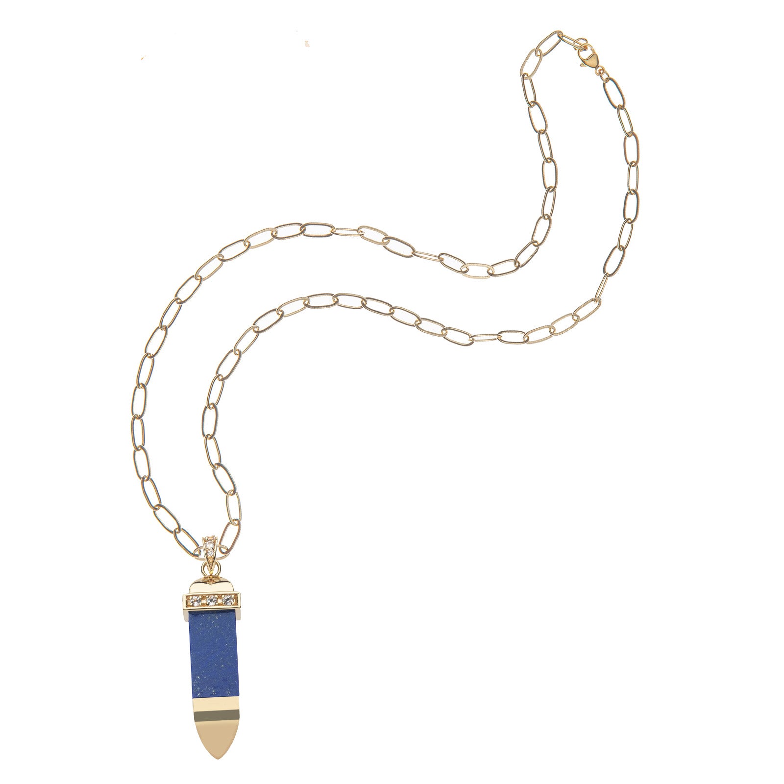 Lapis sun ray pendant on drawn link chain